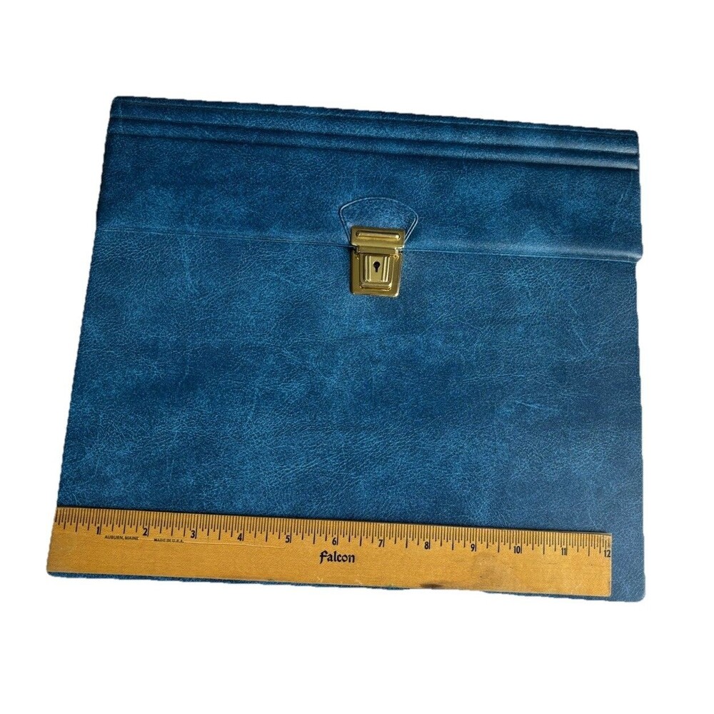 Vintage Blue Leather Plastic Folio Brief File Folder Expanding Accordion Case